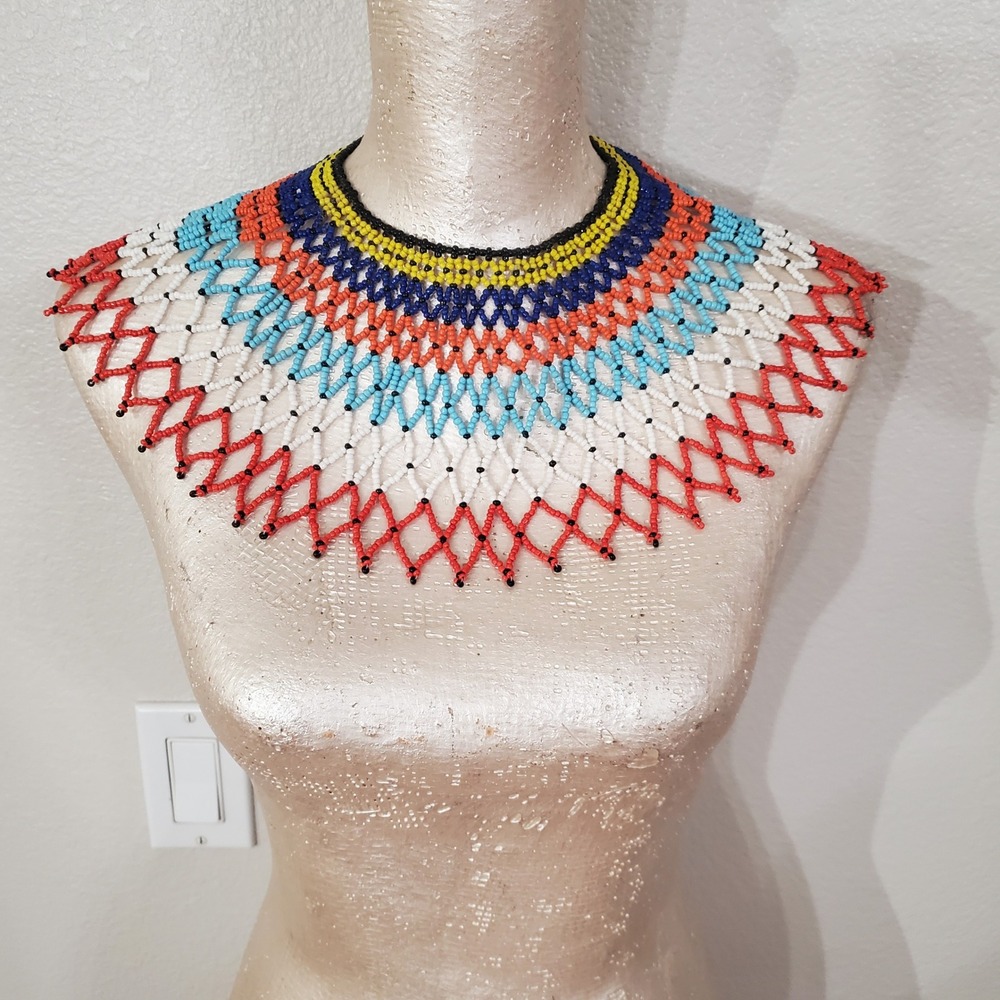 Handcrafted Zulu Inspired Beaded Collar Necklace Multicolor Tribal Bib Statement